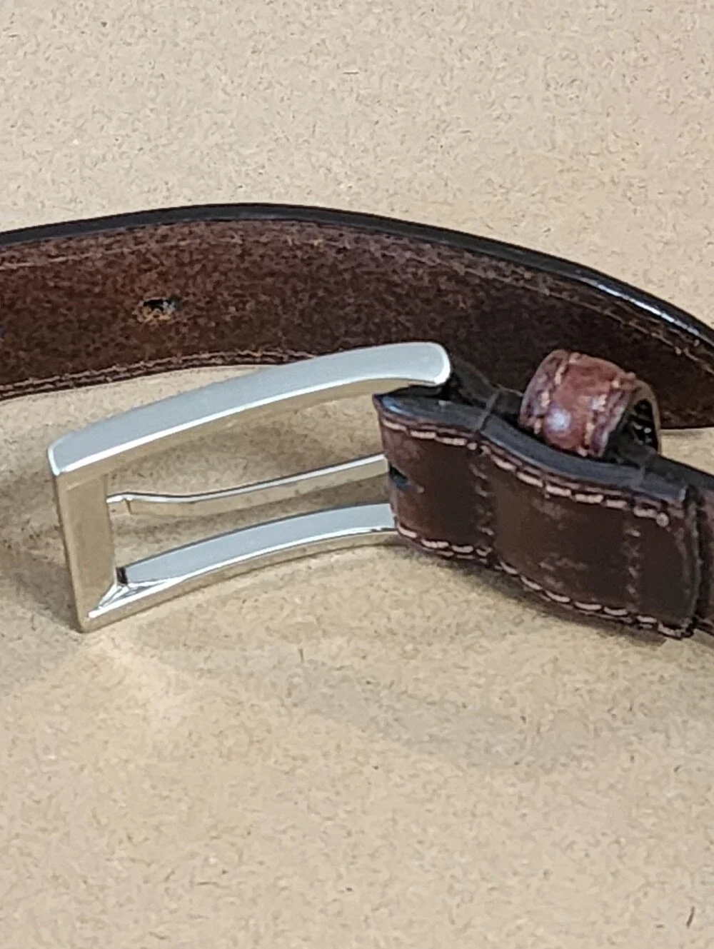 Vintage Brown Leather Belt Distressed Patina Silver Buckle Size 32 Width=1.25